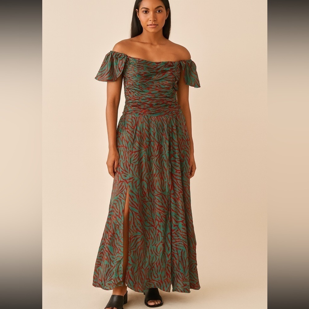 Tanya Taylor zebra print ruched flutter sleeve slit maxi dress